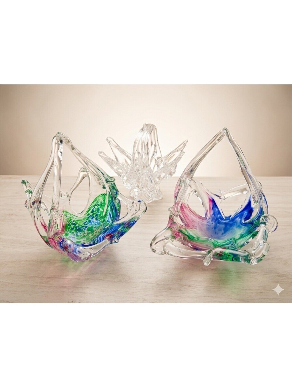 Set of 3 Vintage Murano Style MCM Art Glass Basket Vases Splash Bowls MultiColor
